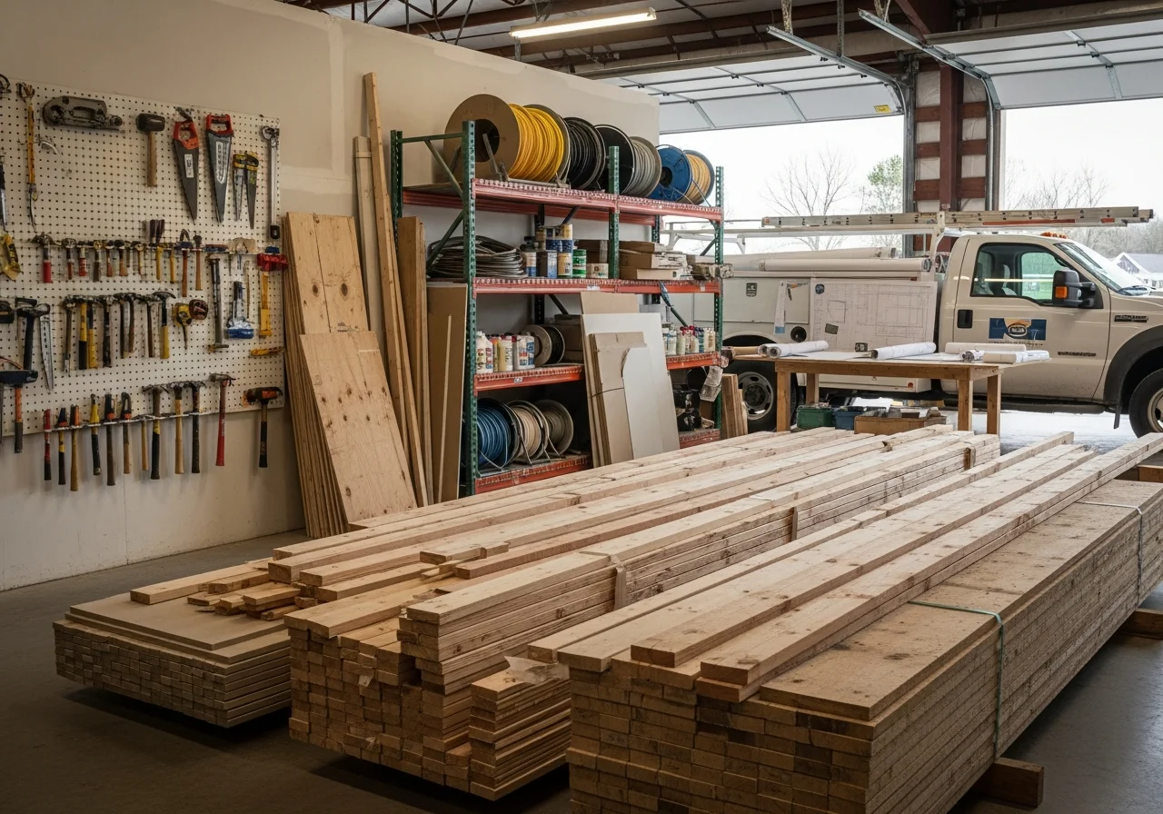 Construction crew and tools on a residential building site, showcasing active home building and remodeling work in progress.