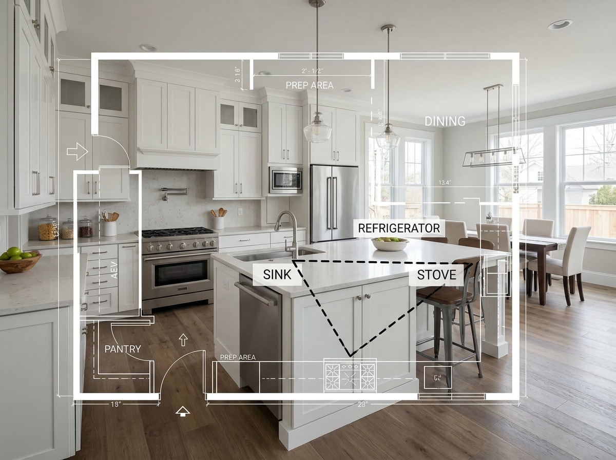 Before and after kitchen layout diagram showing improved traffic flow and work triangle placement