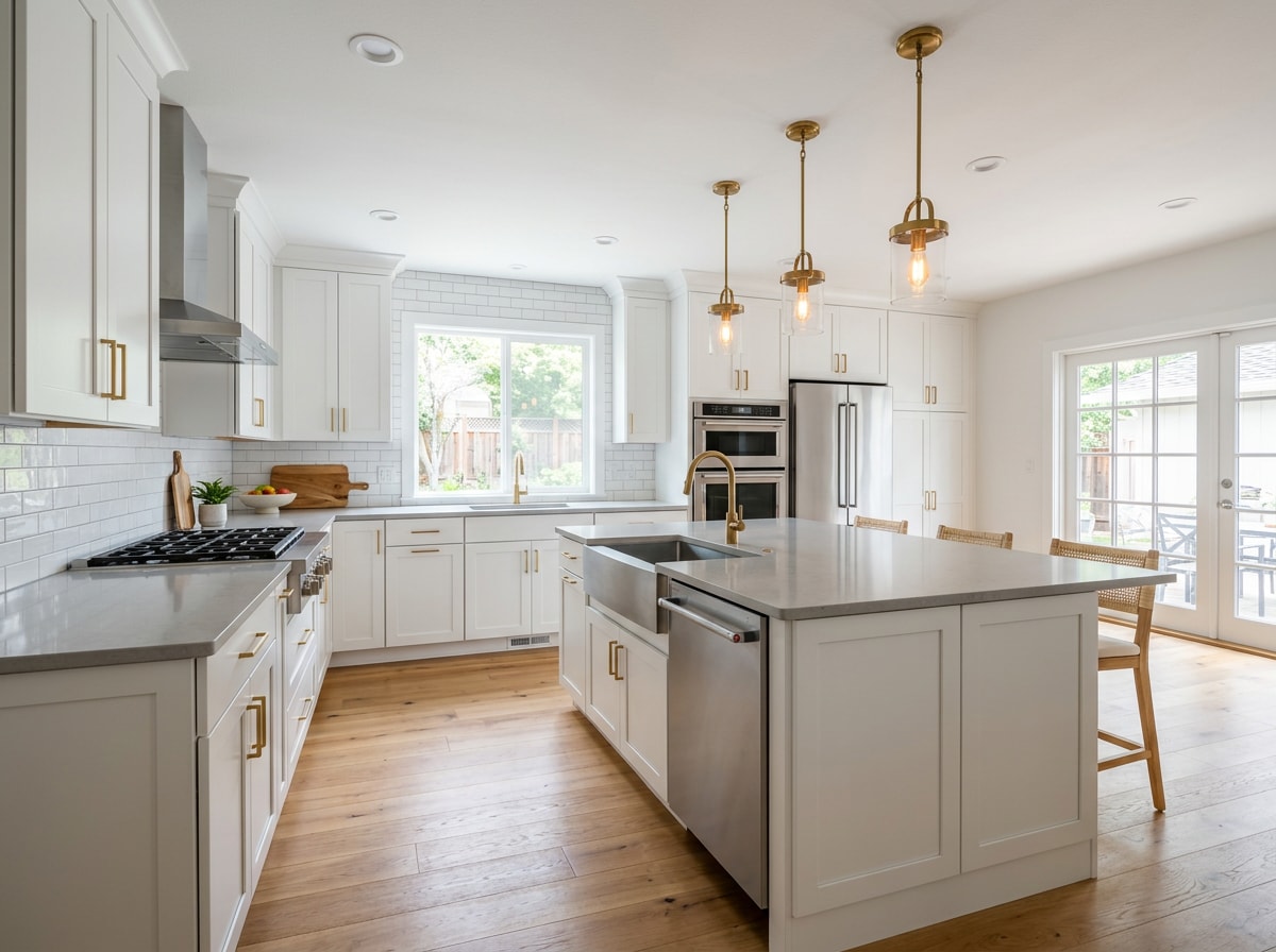 Finished modern kitchen remodel with updated cabinets, countertops, and lighting fixtures