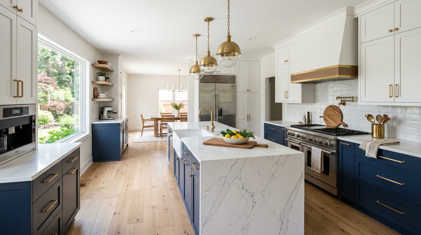 Finished modern kitchen remodel with island, quartz countertops, and updated cabinetry