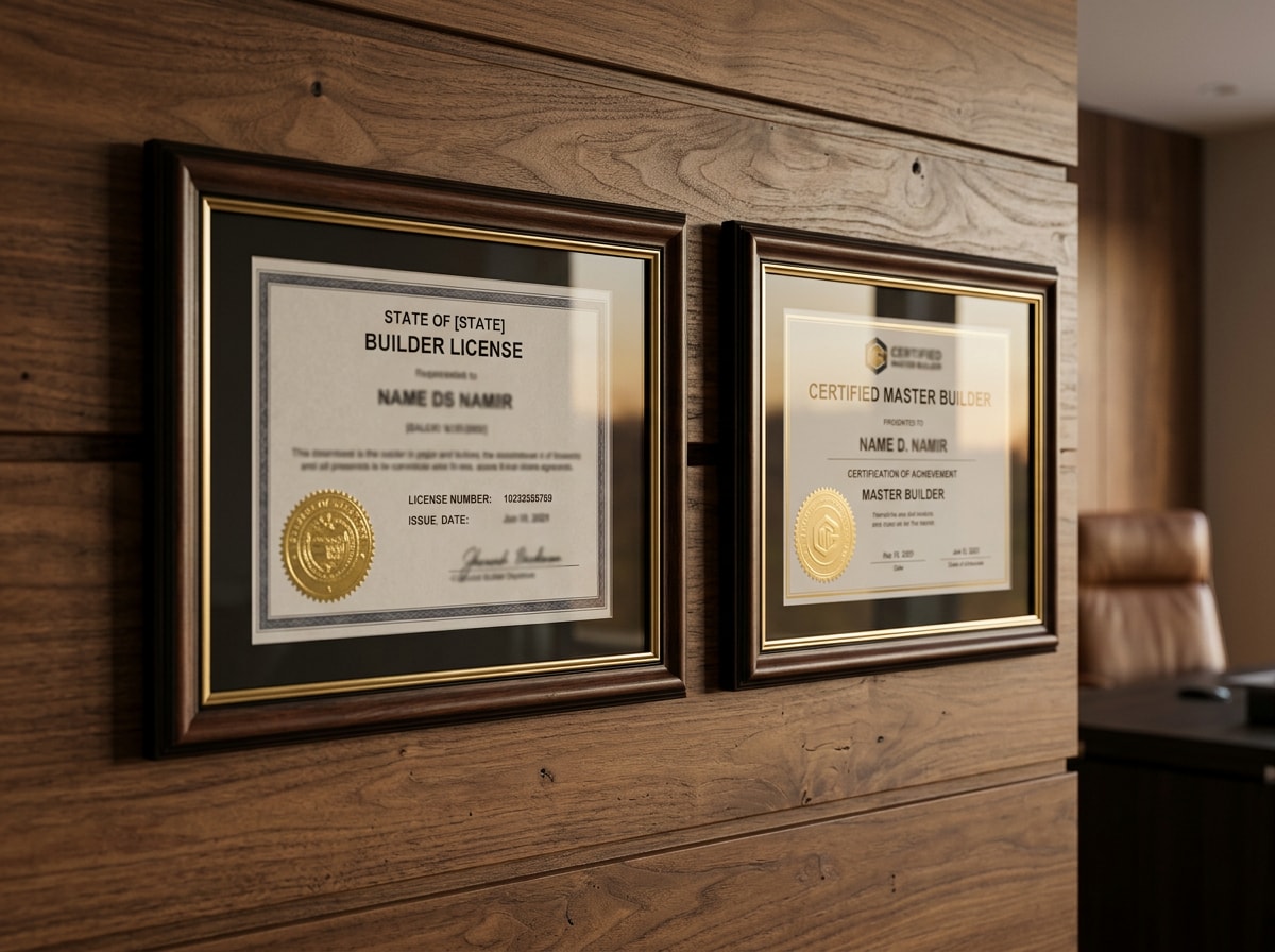 Framed builder certification and licensing plaque displayed inside a construction office