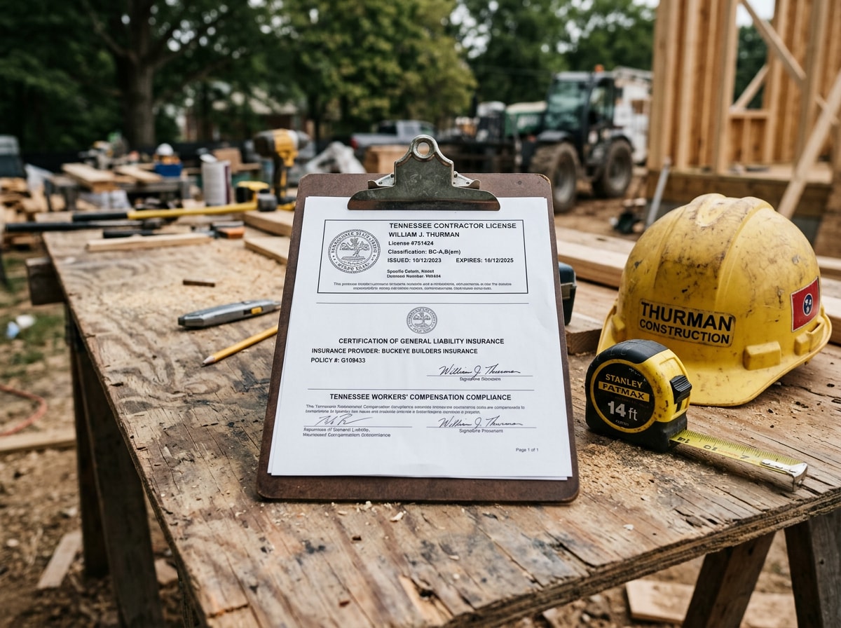Contractor reviewing a Tennessee building license and certification documents on a job site table