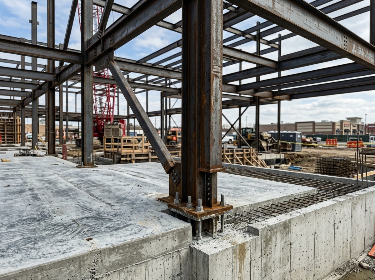 Commercial building under construction showing exposed steel frame and poured concrete foundation