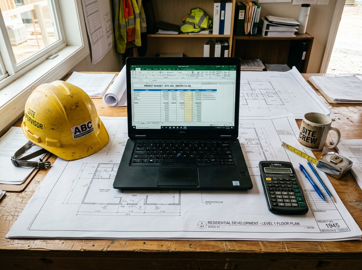 Blueprints, a calculator, and a laptop displaying a project budget on a job-site desk