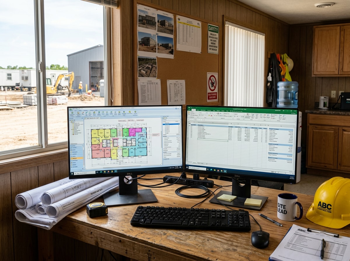 Two computer monitors on a job-site trailer desk displaying construction takeoff and estimating software