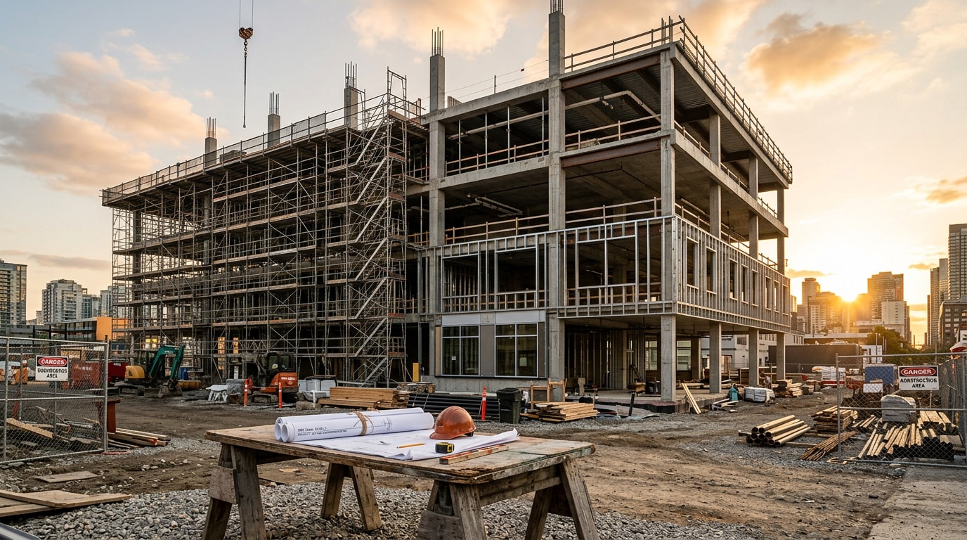 Commercial building under construction with structural steel and concrete work visible