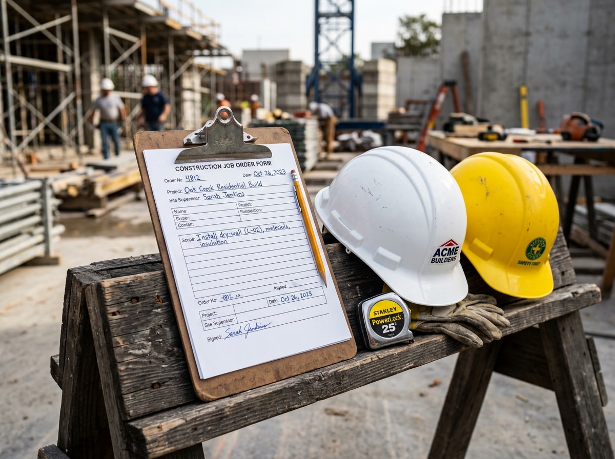 Job order clipboard and hard hats staged on a construction site table, no workers present