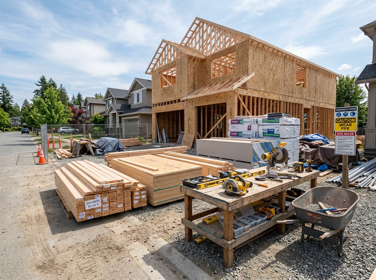 Staged residential construction jobsite with tools, lumber, and materials ready for a crew, no workers present