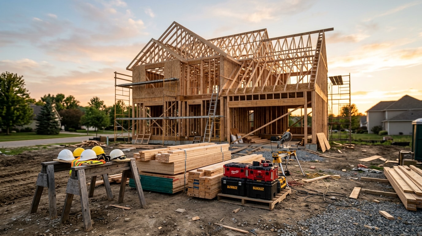 Residential construction jobsite with framed house and staged building materials Residential construction jobsite with framed house and staged building materials