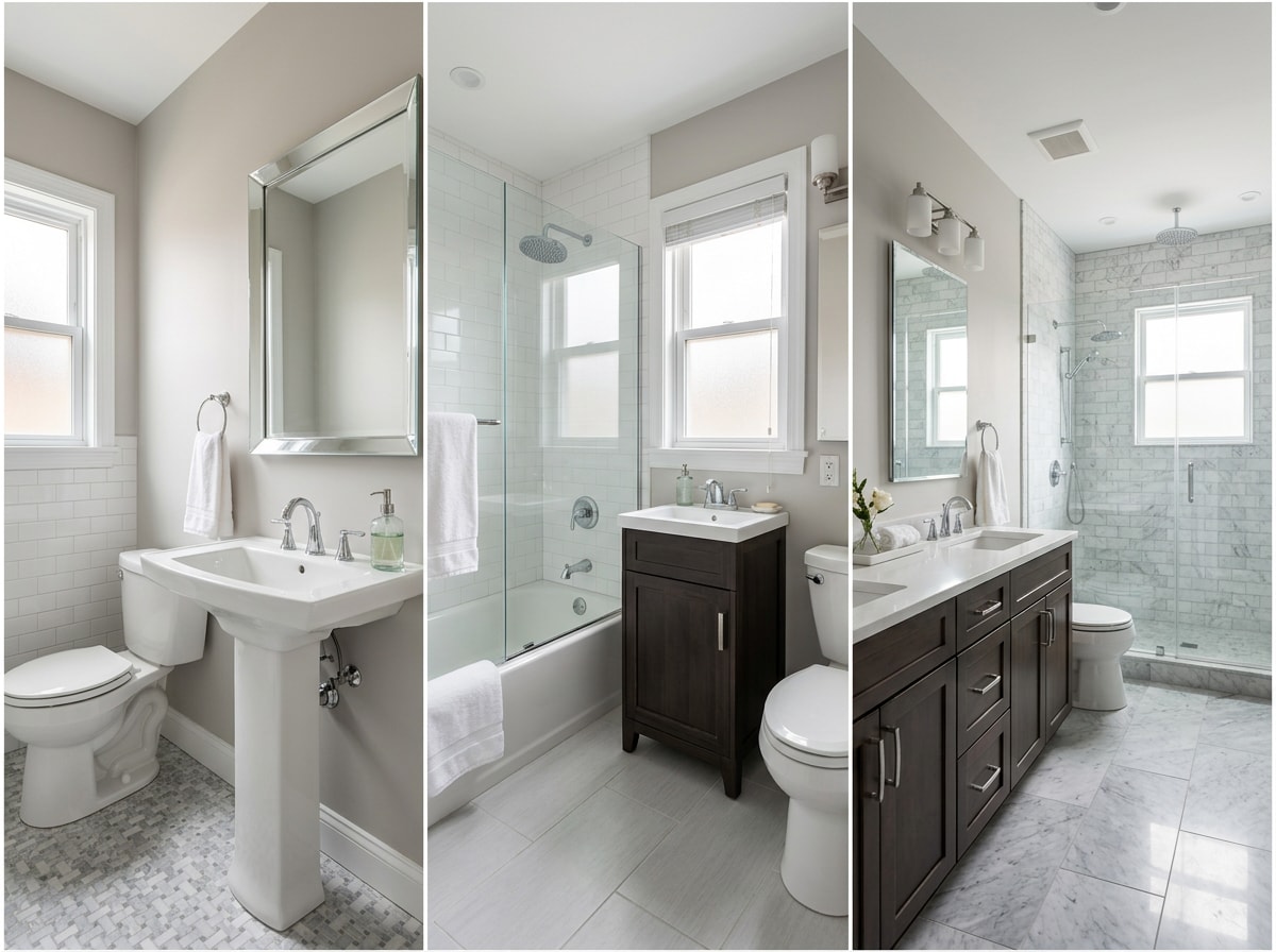 Comparison of half bath, full bath, and primary bathroom sizes and price ranges