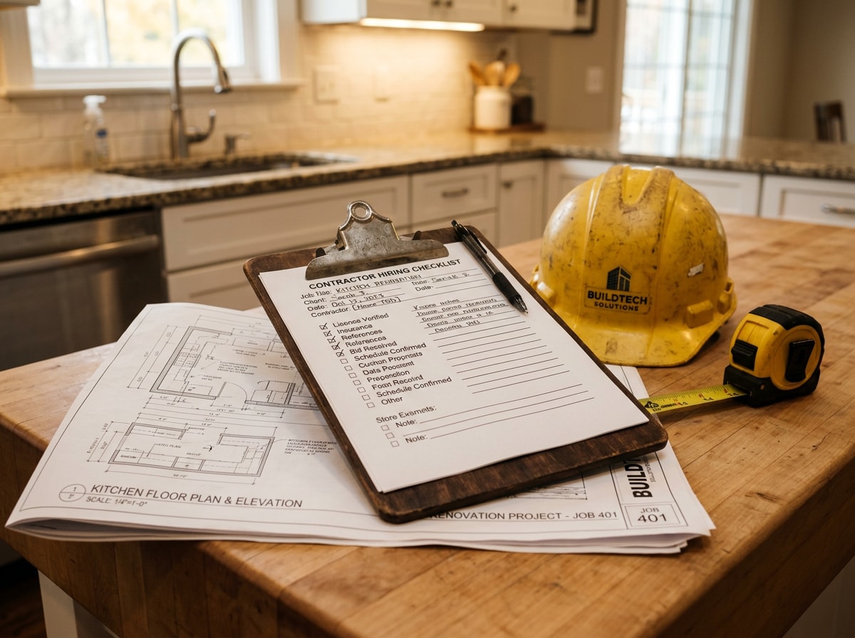 Homeowner reviewing a contractor hiring checklist during a bathroom addition consultation