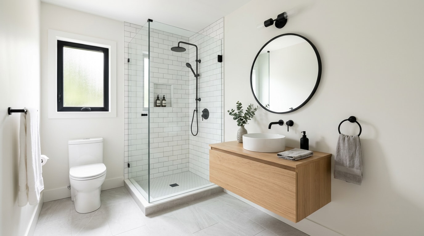 Newly completed bathroom addition with tile shower and modern vanity