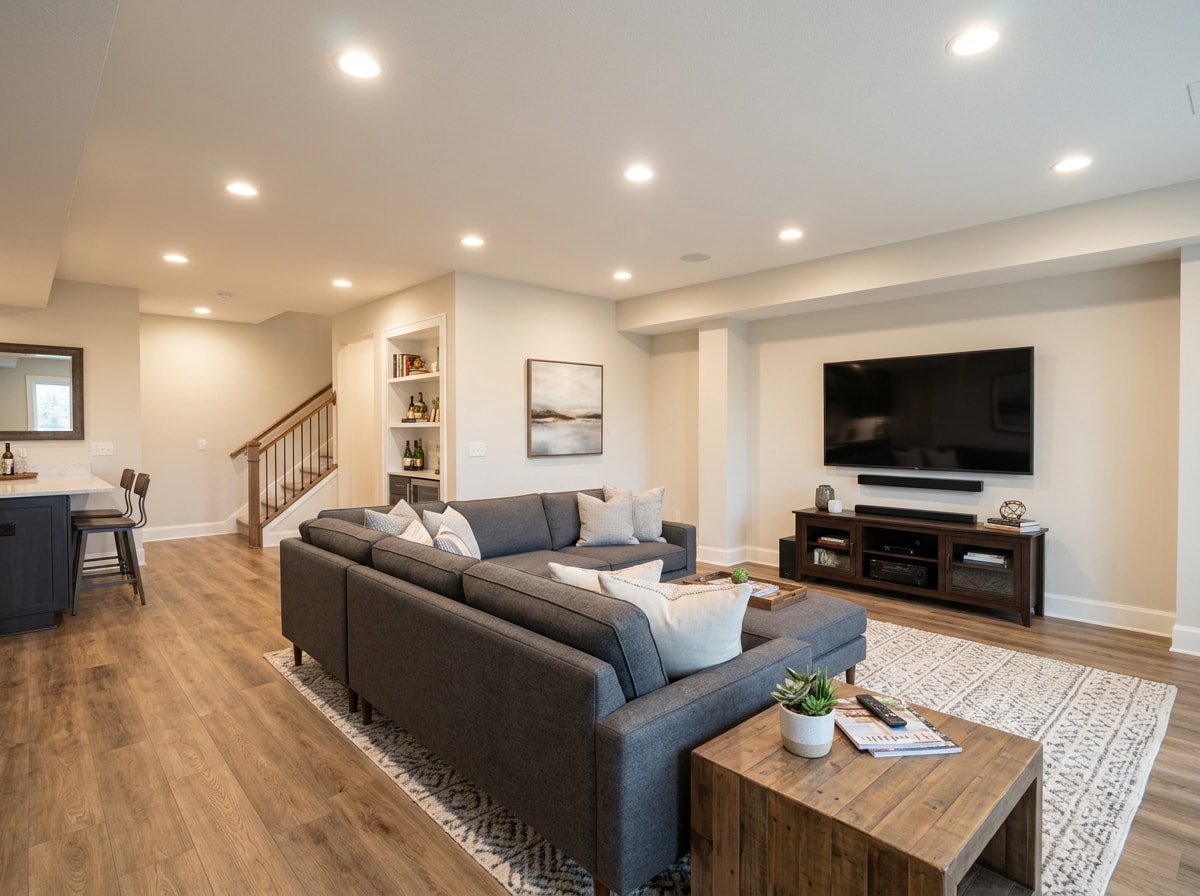 Finished basement rec room with luxury vinyl plank flooring and recessed lighting