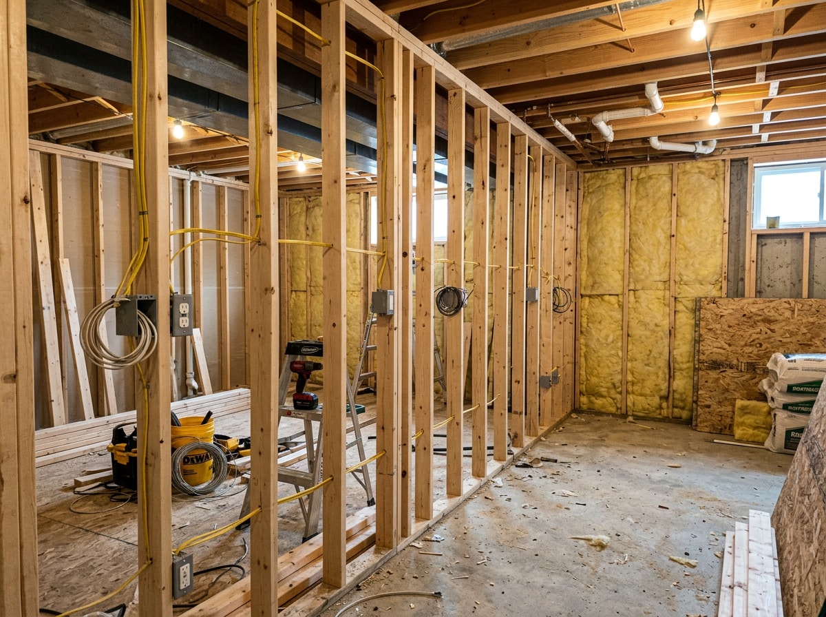 Basement framing and electrical rough-in before drywall installation