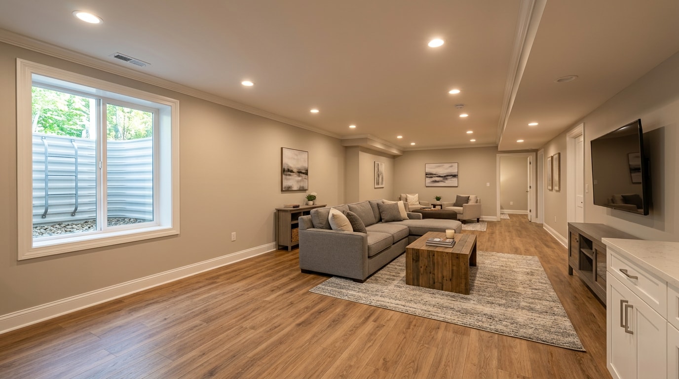 Fully finished basement living space with flooring and lighting