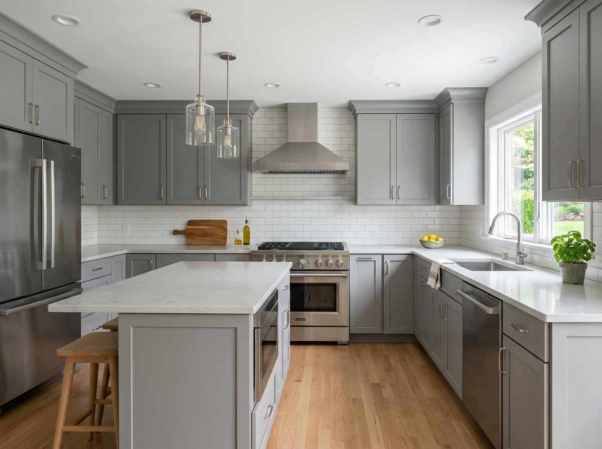 Finished mid-size kitchen remodel with new cabinets, quartz countertops, and tile backsplash
