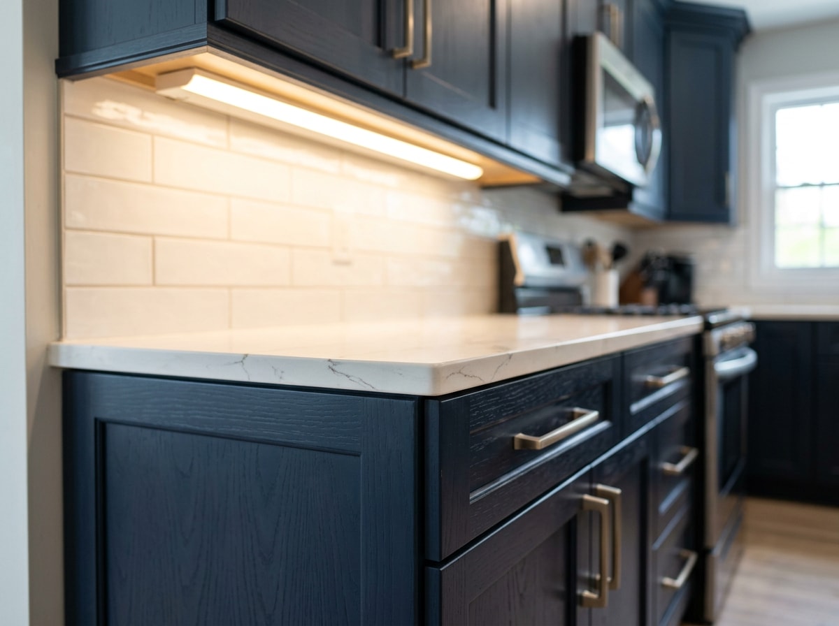 Close-up of newly installed kitchen cabinets and quartz countertop with under-cabinet lighting