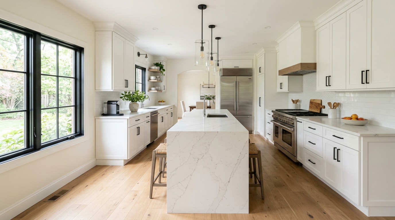 Fully remodeled modern kitchen with white cabinets, quartz countertops, and a large island Fully remodeled modern kitchen with white cabinets, quartz countertops, and a large island