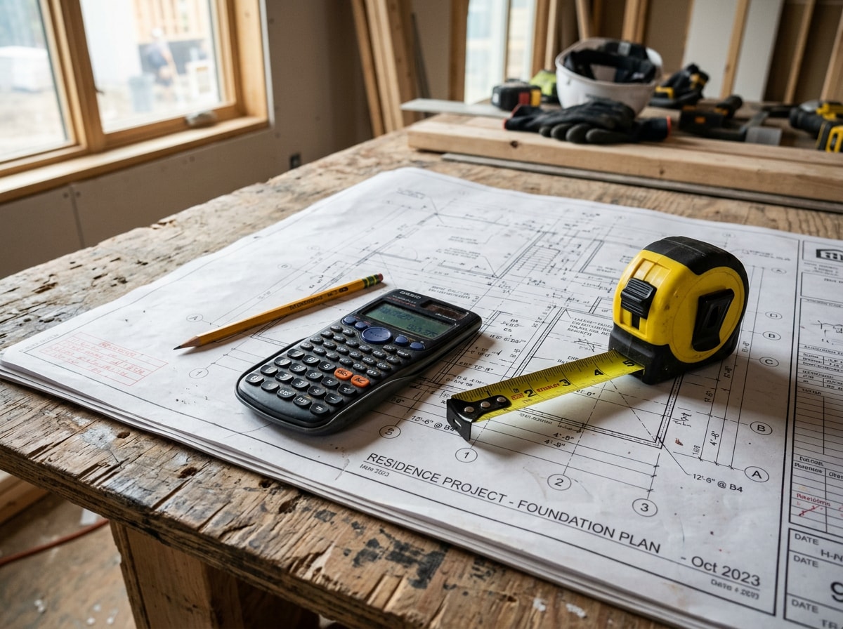 Blueprints, a calculator, and a tape measure laid out on a jobsite table during a residential construction estimate review