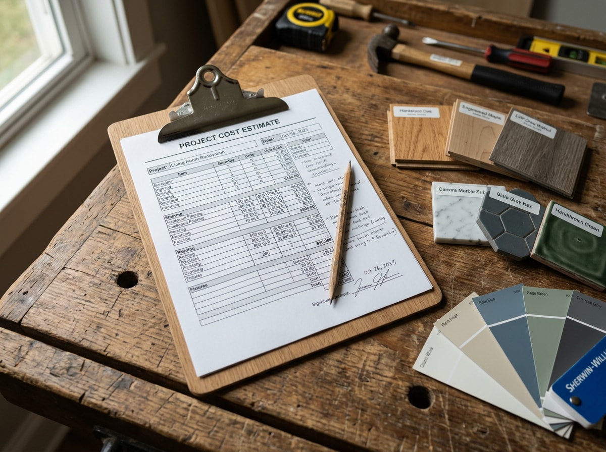 Printed construction estimate template on a clipboard next to labeled material samples and a pencil