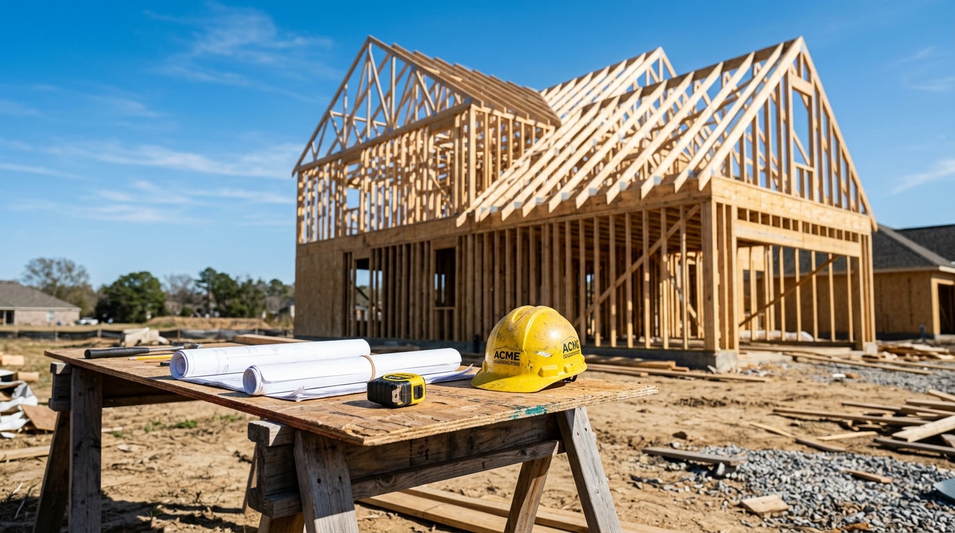Framed residential construction site with blueprints on a table, representing a project built from an accurate estimate