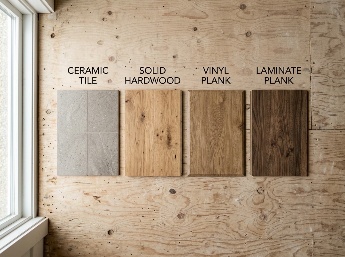 Quick-reference chart showing whether flooring or cabinets go first by material type
