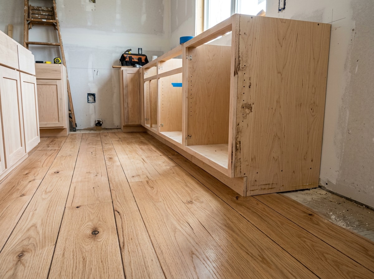 Kitchen flooring installed in a continuous sheet before new cabinets are set in place