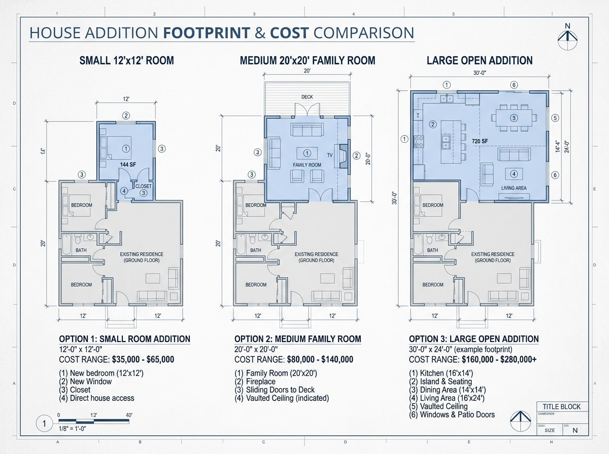Comparison chart of home addition cost per square foot for 12x12, 20x20, and larger addition sizes in Elizabethton, TN