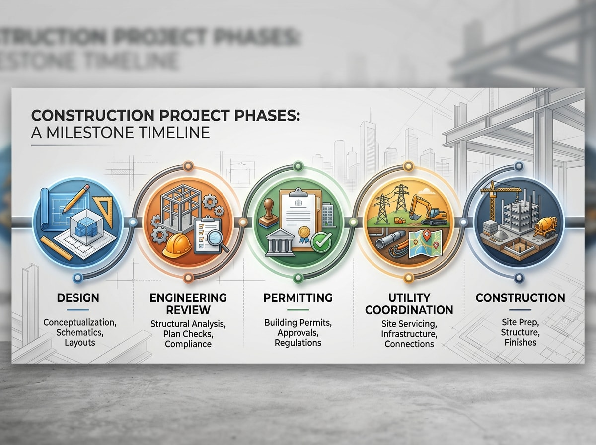 Step-by-step timeline graphic showing the home addition planning process from design through construction in Elizabethton, TN