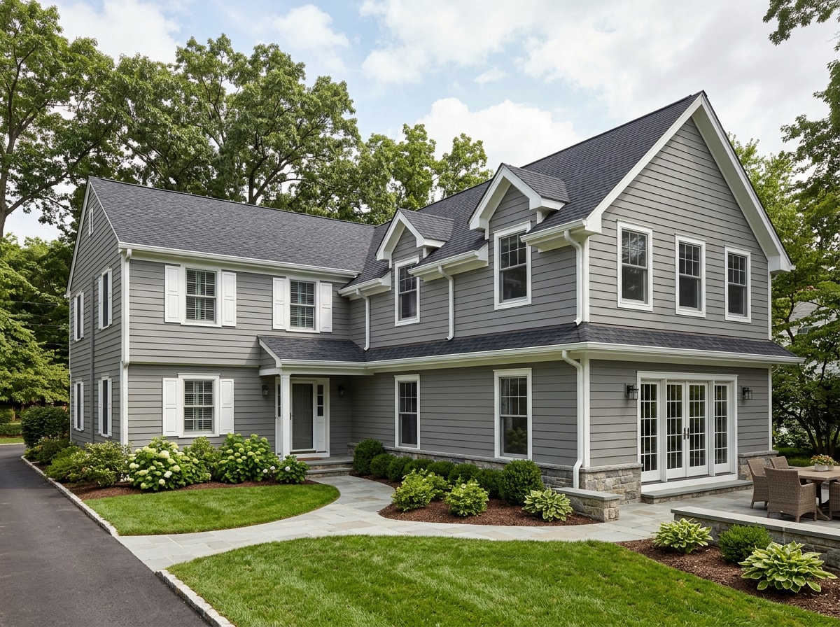 Completed two-story home addition with matching siding and rooflines