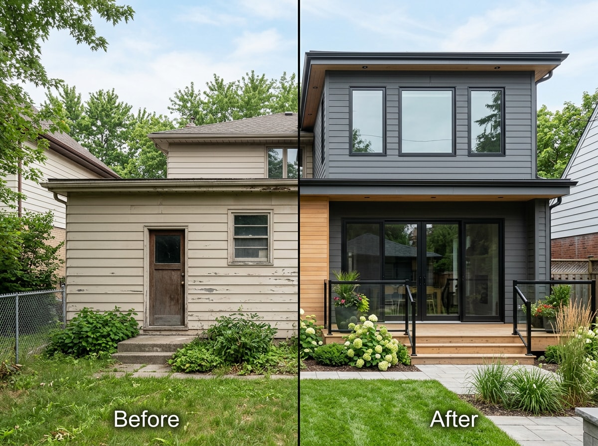 Before and after photo comparison of a home addition renovation