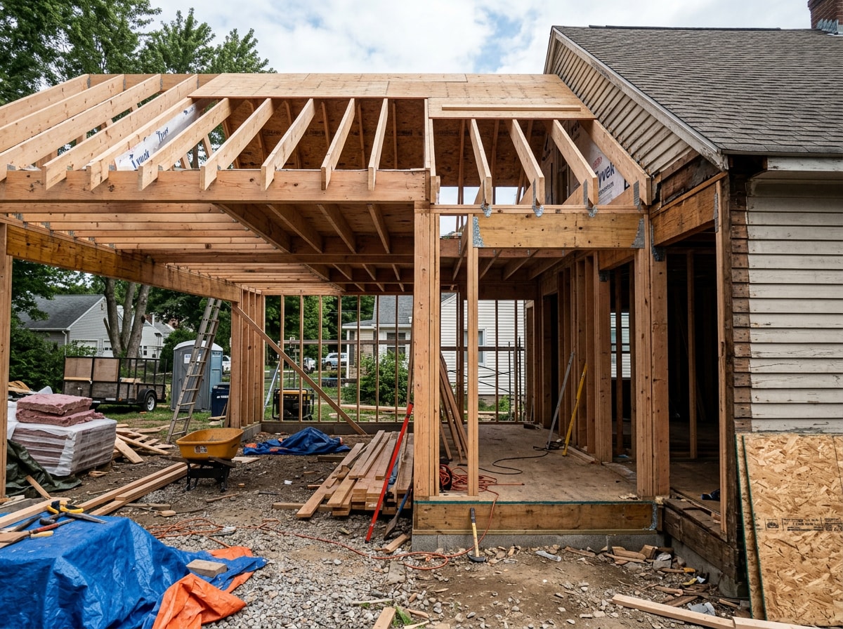 Framing crew working on the structural tie-in of a home addition