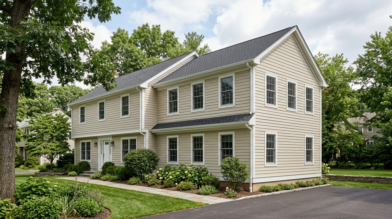 Finished home addition construction on a suburban house
