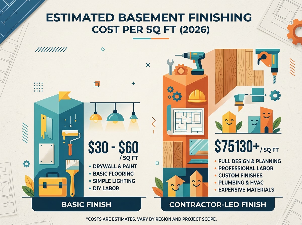 Infographic comparing basic versus contractor-led basement finishing cost per square foot in 2026