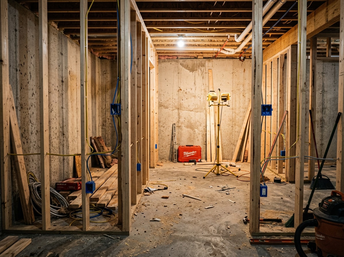 Basement under construction showing framed walls and electrical rough-in before drywall