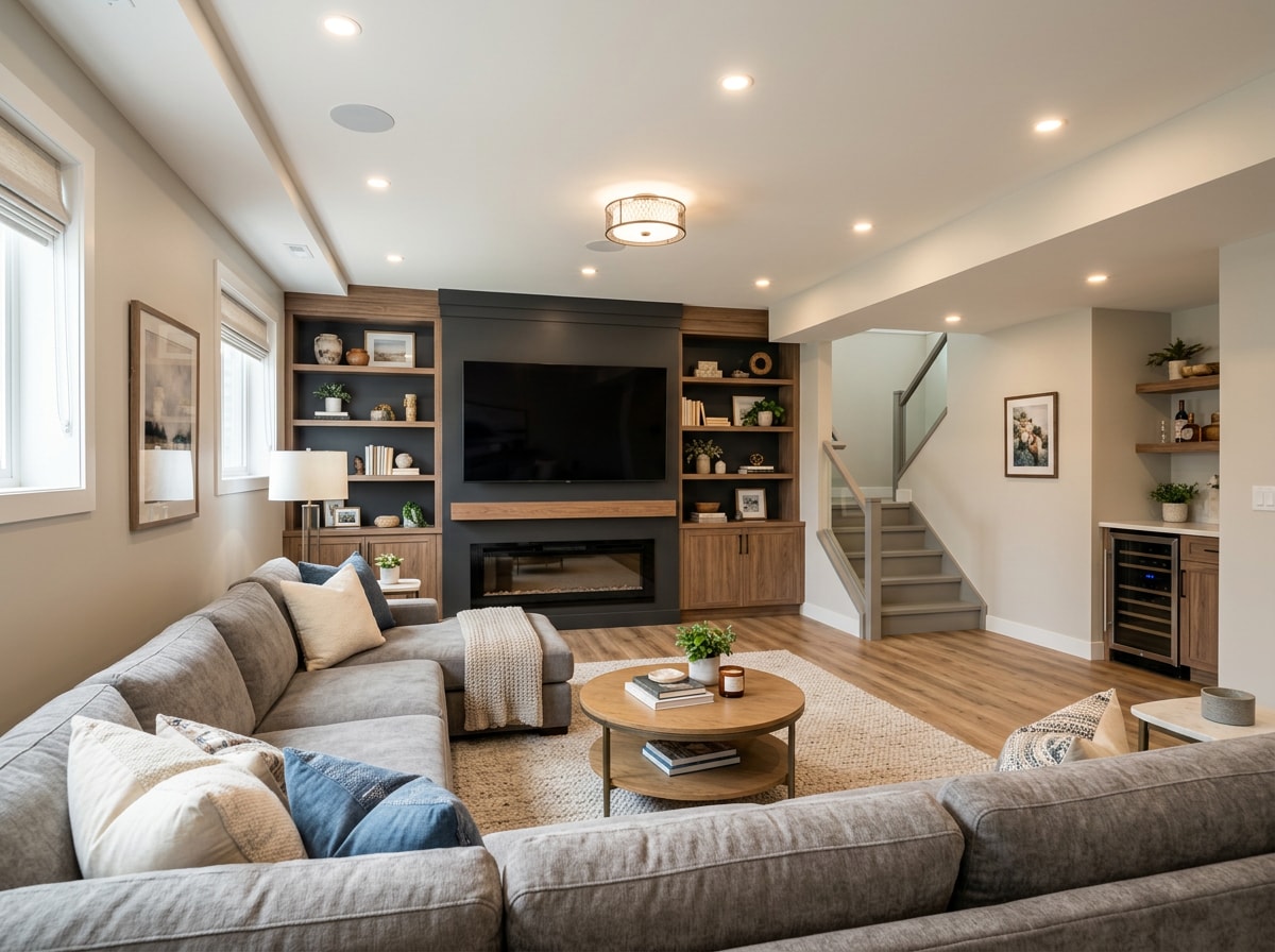 Finished basement living area with recessed lighting, luxury vinyl plank flooring, and a built-in media wall