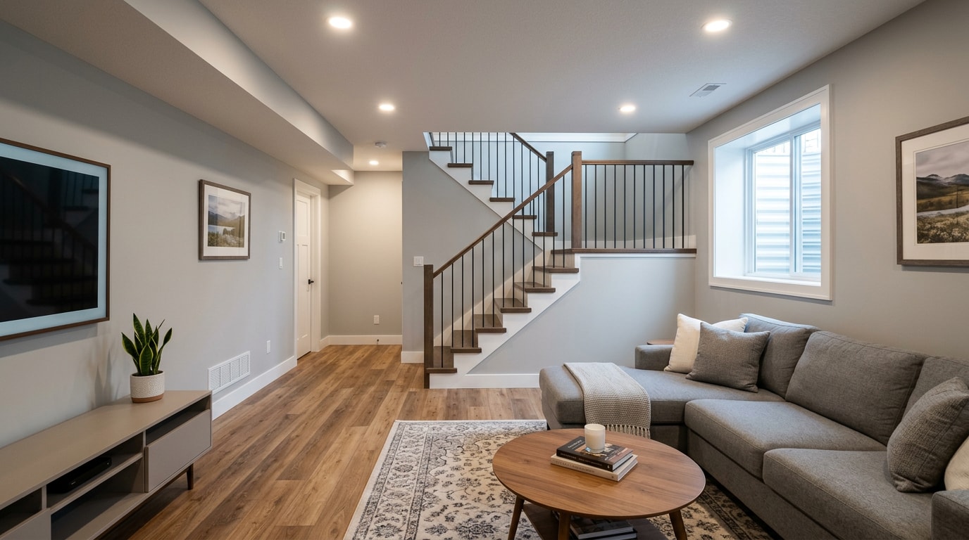 Newly finished basement living space with recessed lighting and vinyl plank flooring Newly finished basement living space with recessed lighting and vinyl plank flooring