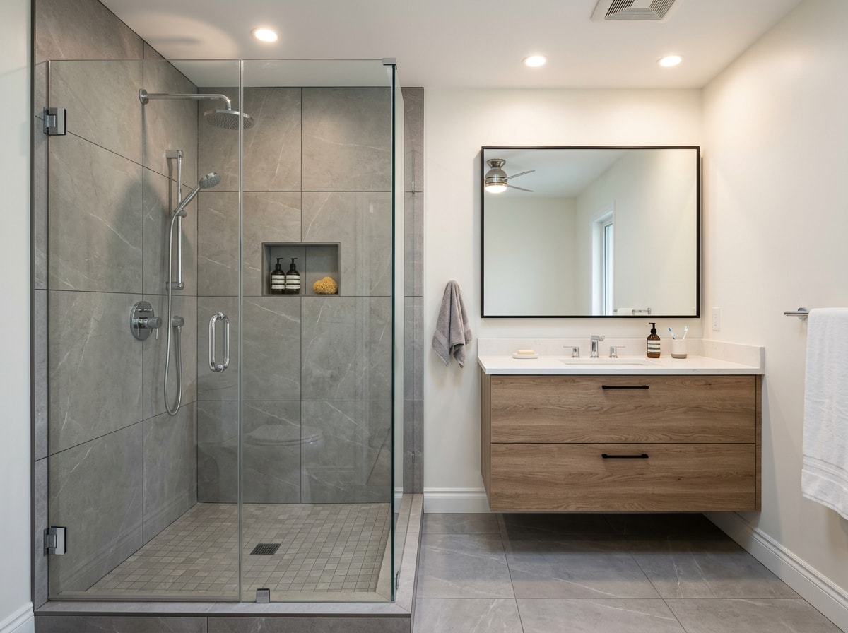 Finished bathroom remodel with tile shower and vanity, example of contractor portfolio quality
