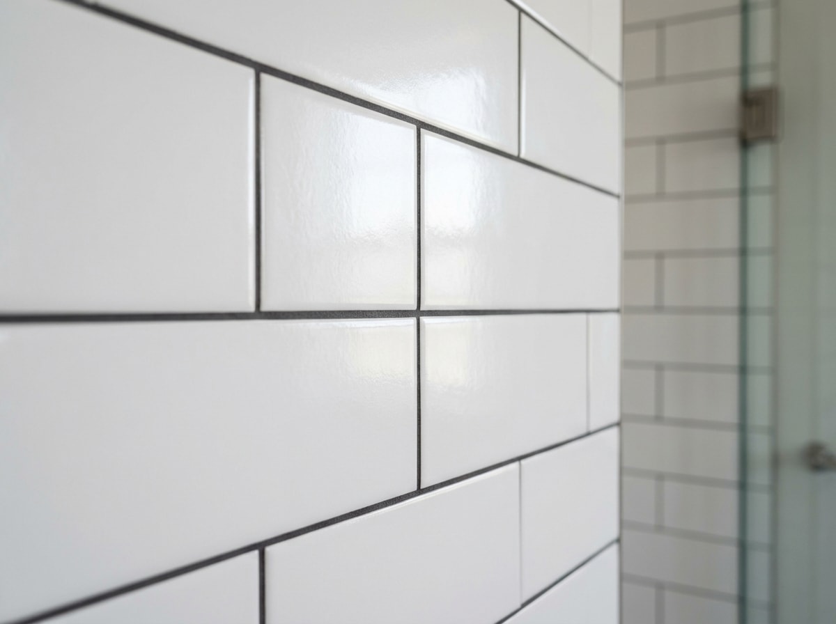 Close-up of precise tile and grout work in a remodeled shower, example of quality craftsmanship