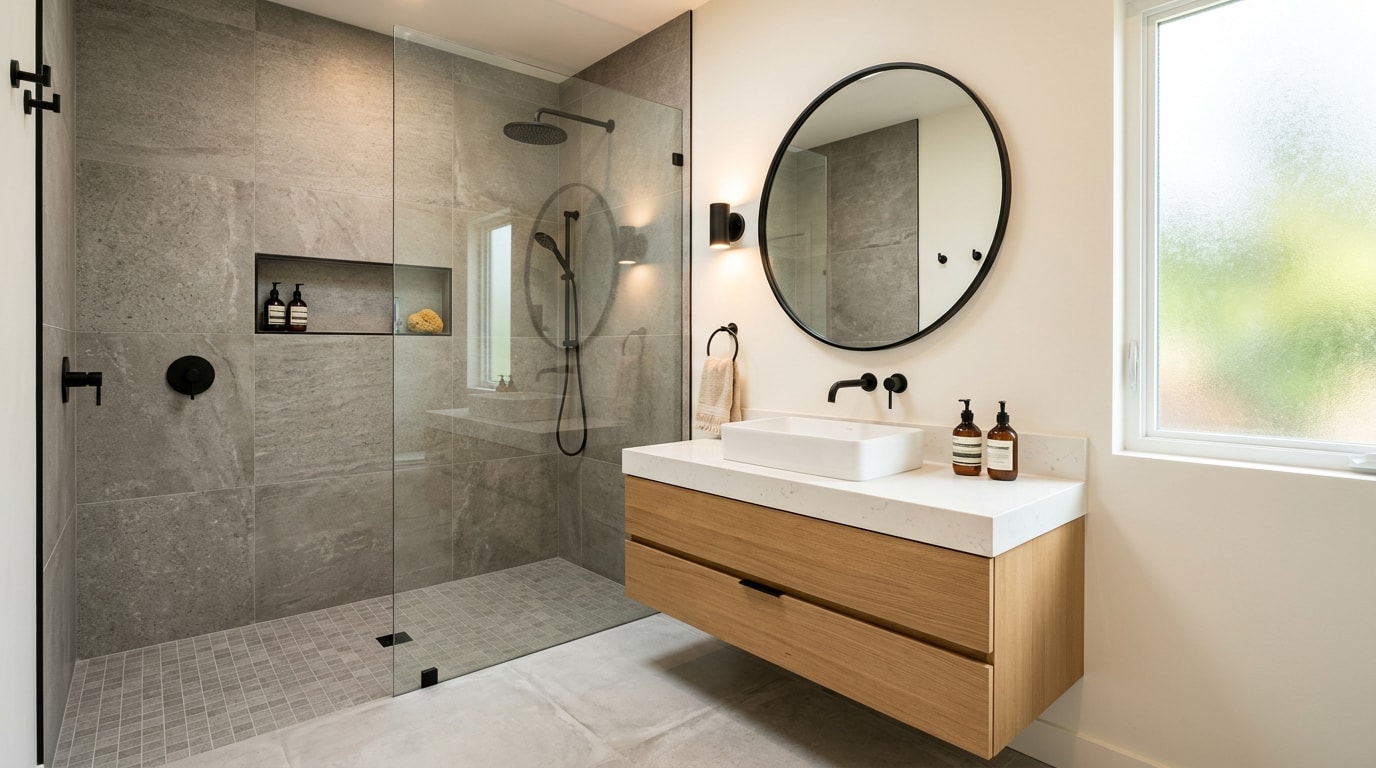 Finished modern bathroom remodel with tiled walk-in shower and new vanity
