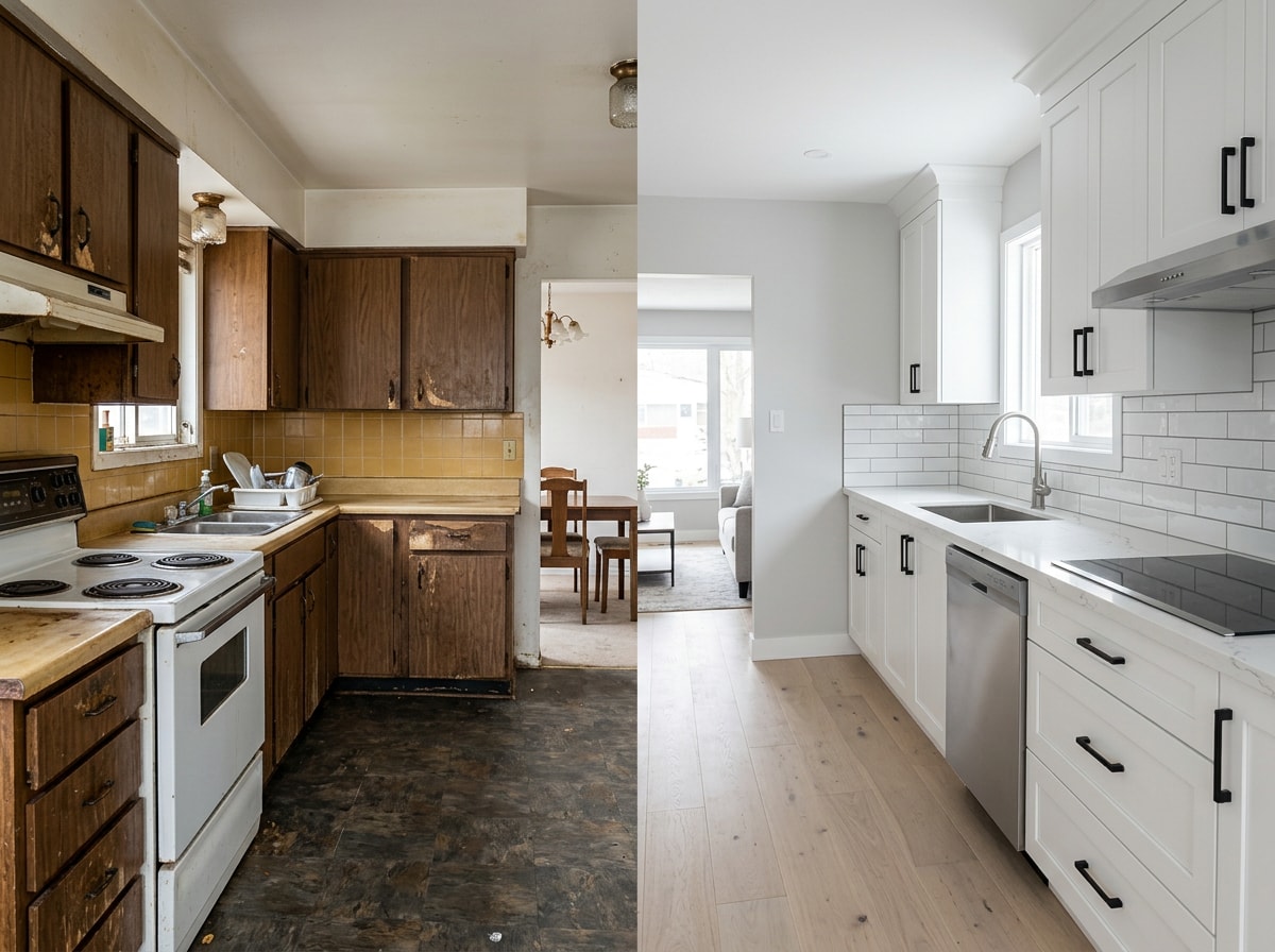 Before and after photo comparison of a completed kitchen remodel project