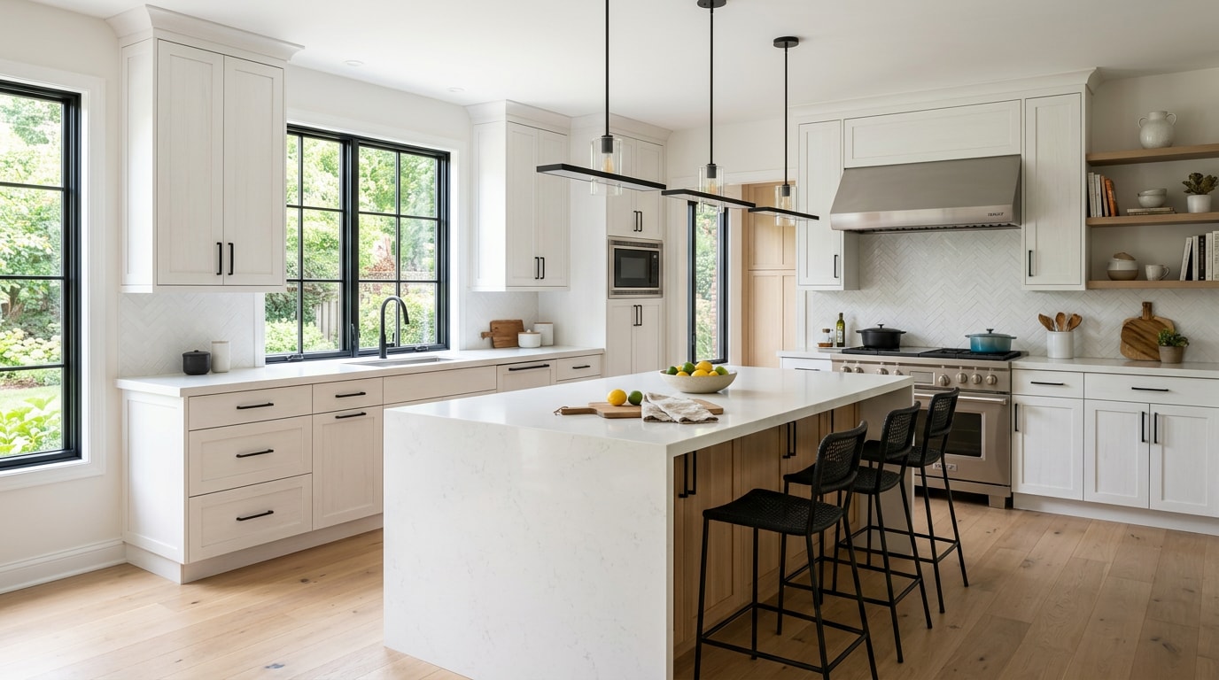 Finished modern kitchen remodel with white cabinets and a large island