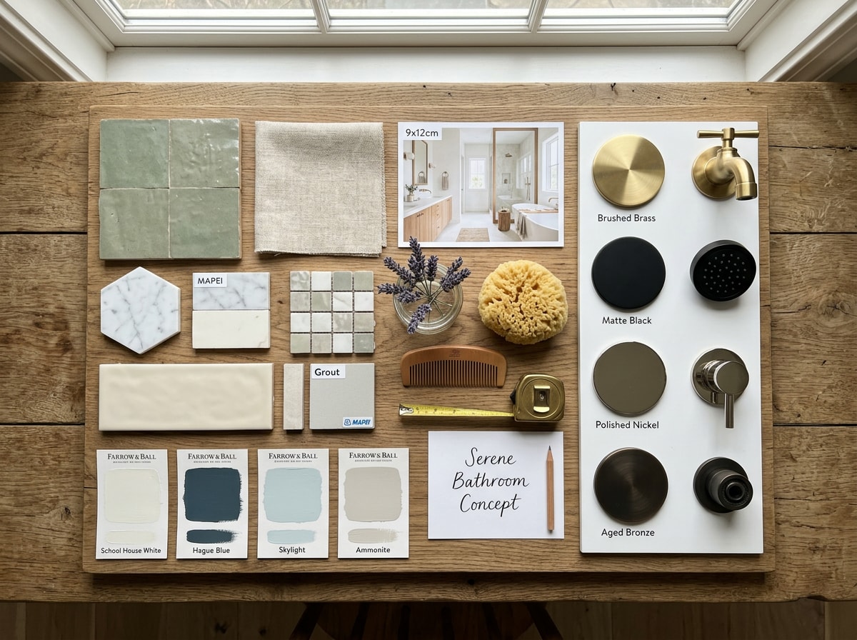 Bathroom design mood board showing tile samples and color scheme options for a remodel