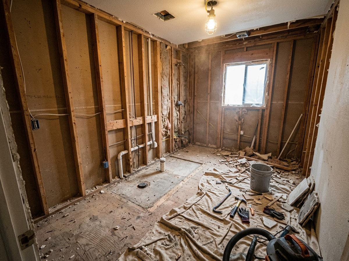 Bathroom mid-demolition with fixtures removed and exposed studs during a full bathroom remodel