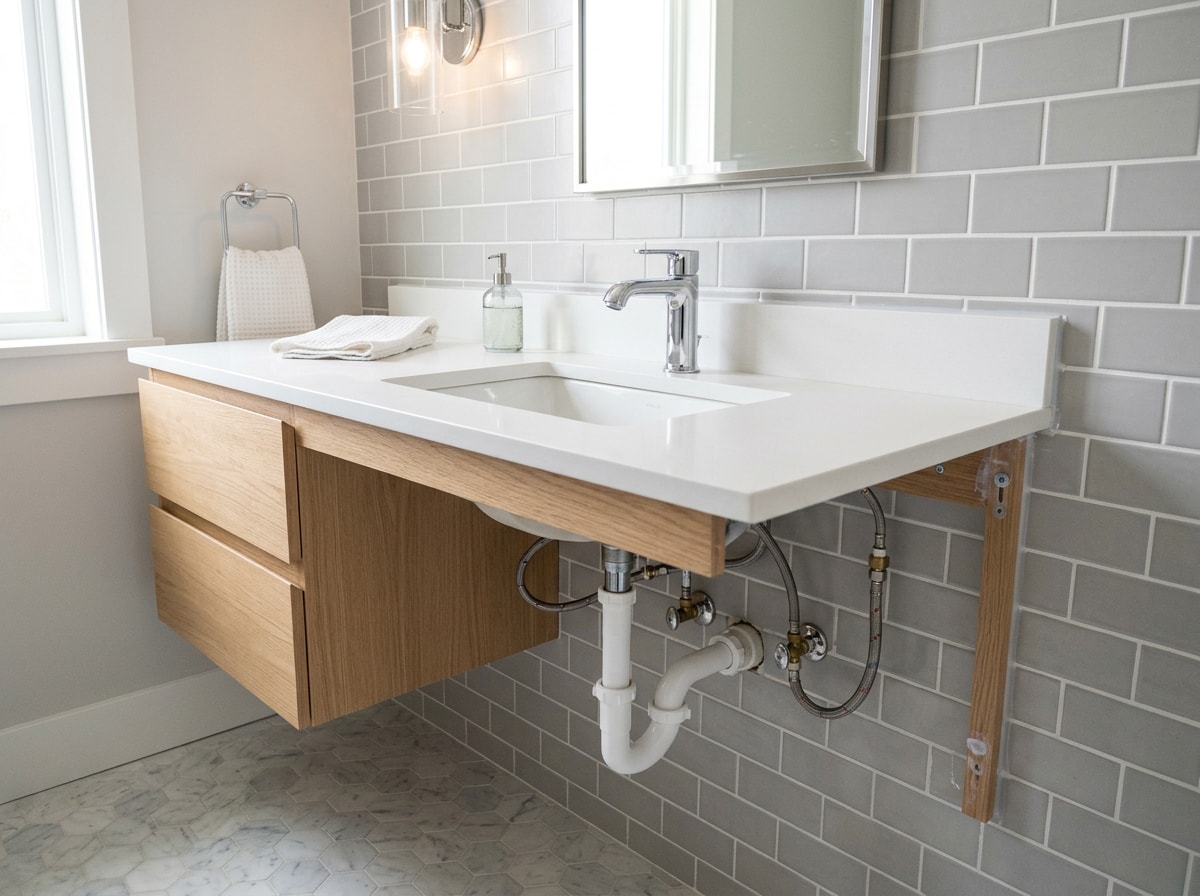 Newly installed bathroom vanity secured to wall studs with plumbing connected