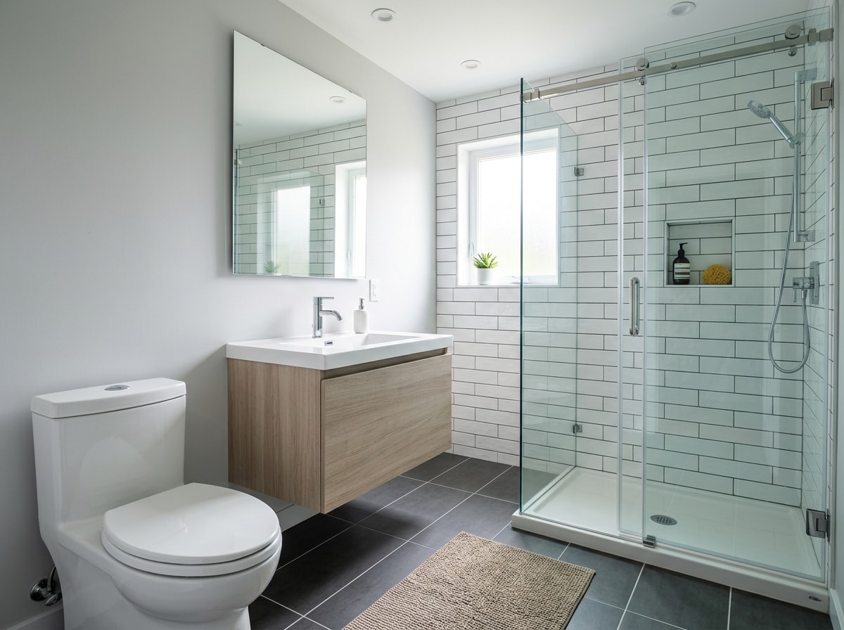 Finished bathroom fixtures including toilet, sink faucet, and shower door installed