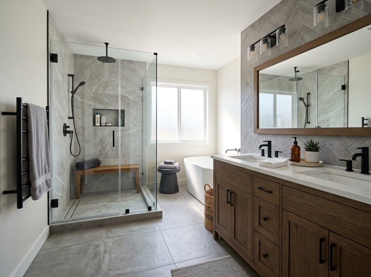 Finished bathroom after remodel showing new vanity, tile, and fixtures