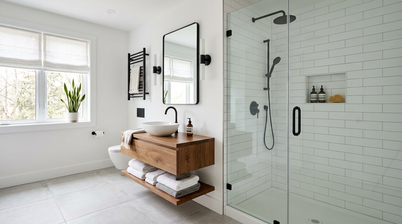 Fully remodeled modern bathroom with tile shower, vanity, and fixtures Fully remodeled modern bathroom with tile shower, vanity, and fixtures