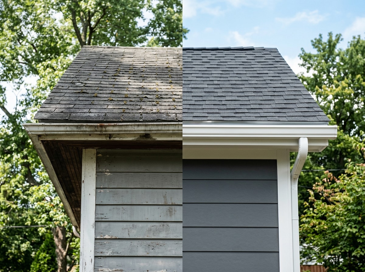 Before and after photo of a residential home addition showing new roofline and siding tie-in