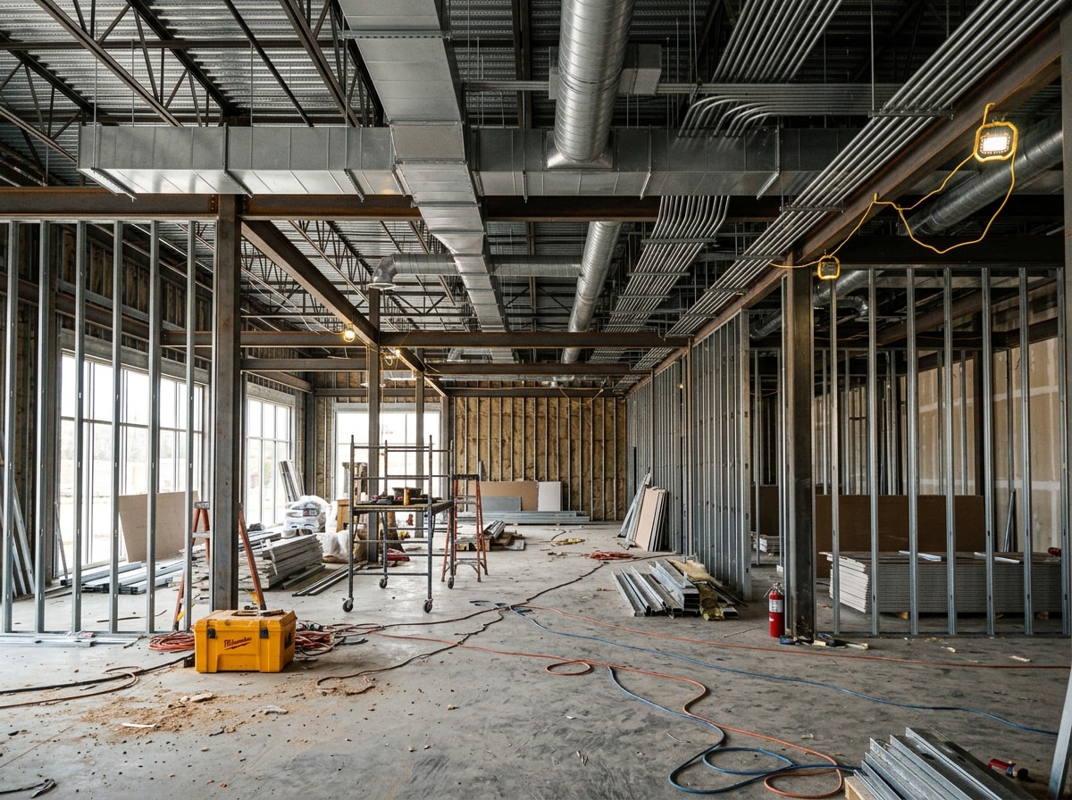 Retail construction site mid-buildout with exposed steel framing and mechanical rough-in